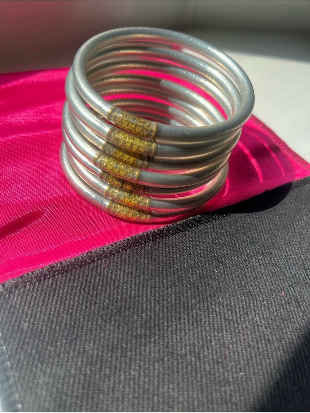 BuDhaGirl All Weather Bangles - Lucky Set of 7 Silver Bangles w Pouch Size Small